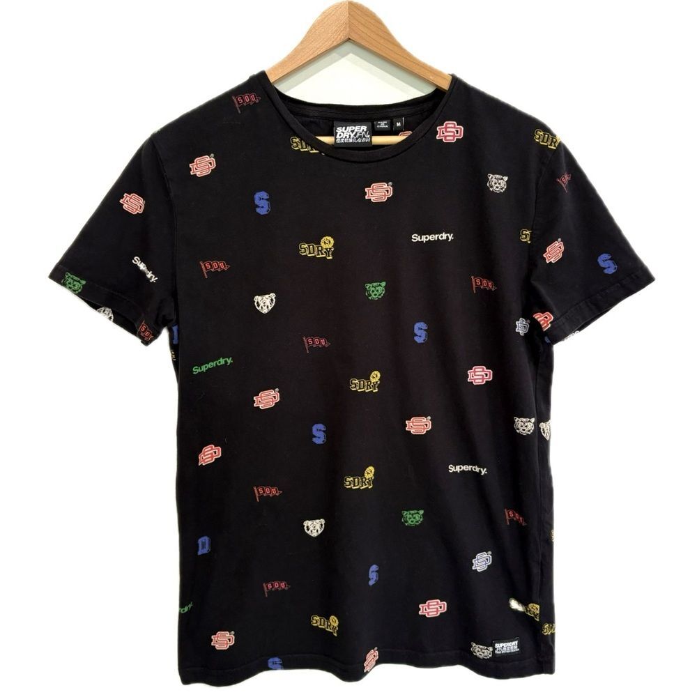 Superdry JPN Mens All Over Print T-Shirt Size M Black Logo Crew Icon Graphic Tee